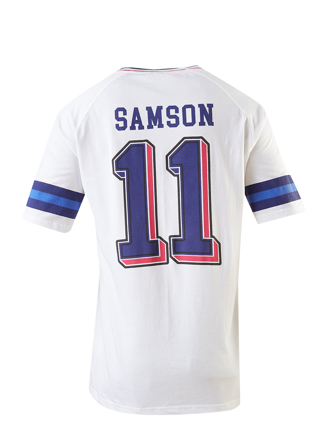 Rajasthan Royals Men White and Navy Blue Half Sleeves V-Neck Samson 11 Printed Oversized T-Shirt (7)