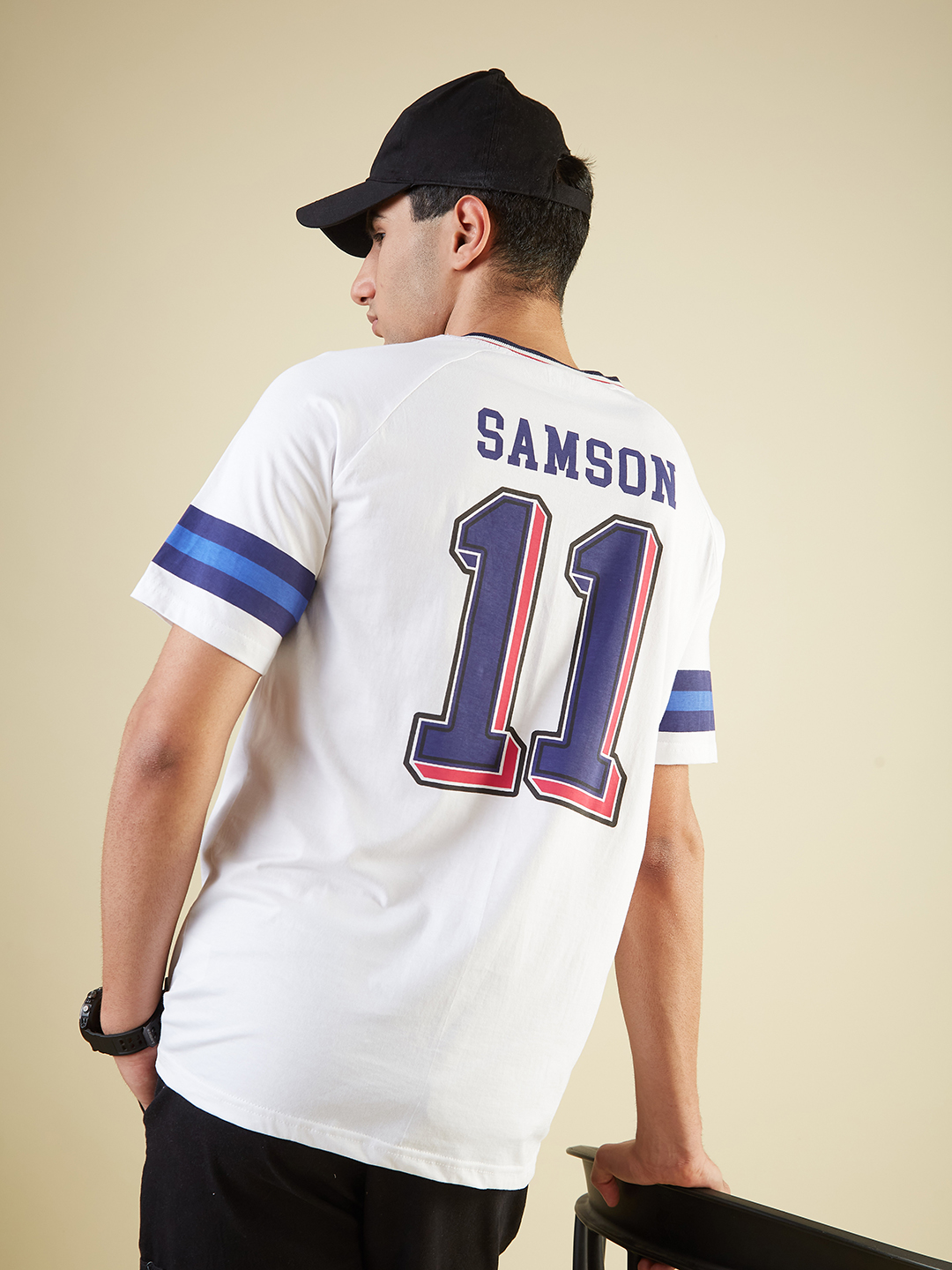 Rajasthan Royals Men White and Navy Blue Half Sleeves V-Neck Samson 11 Printed Oversized T-Shirt