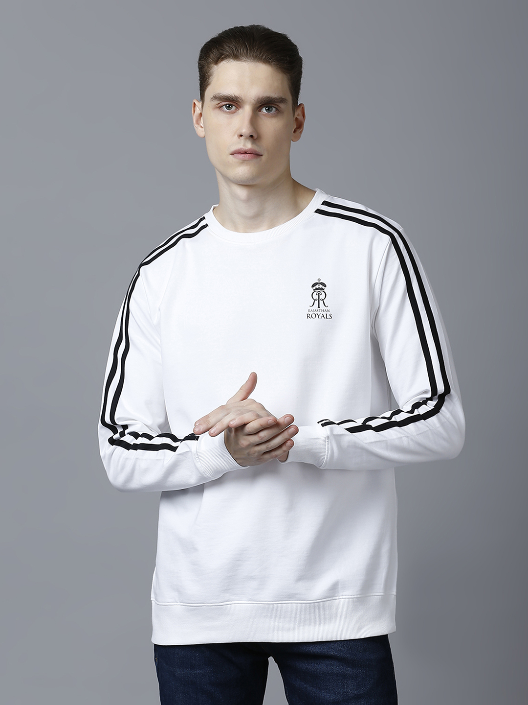 Men White Logo Printed Full Sleeves Round Neck Cotton Sweatshirt 