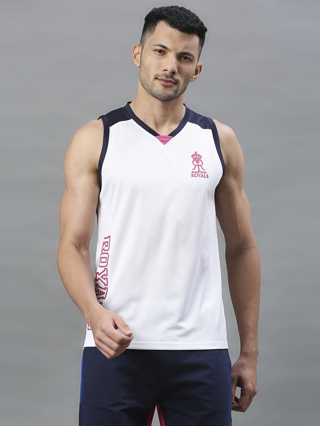 Rajasthan Royals Men White Printed V-Neck Sleeveless Polyester Sports Vest (1)