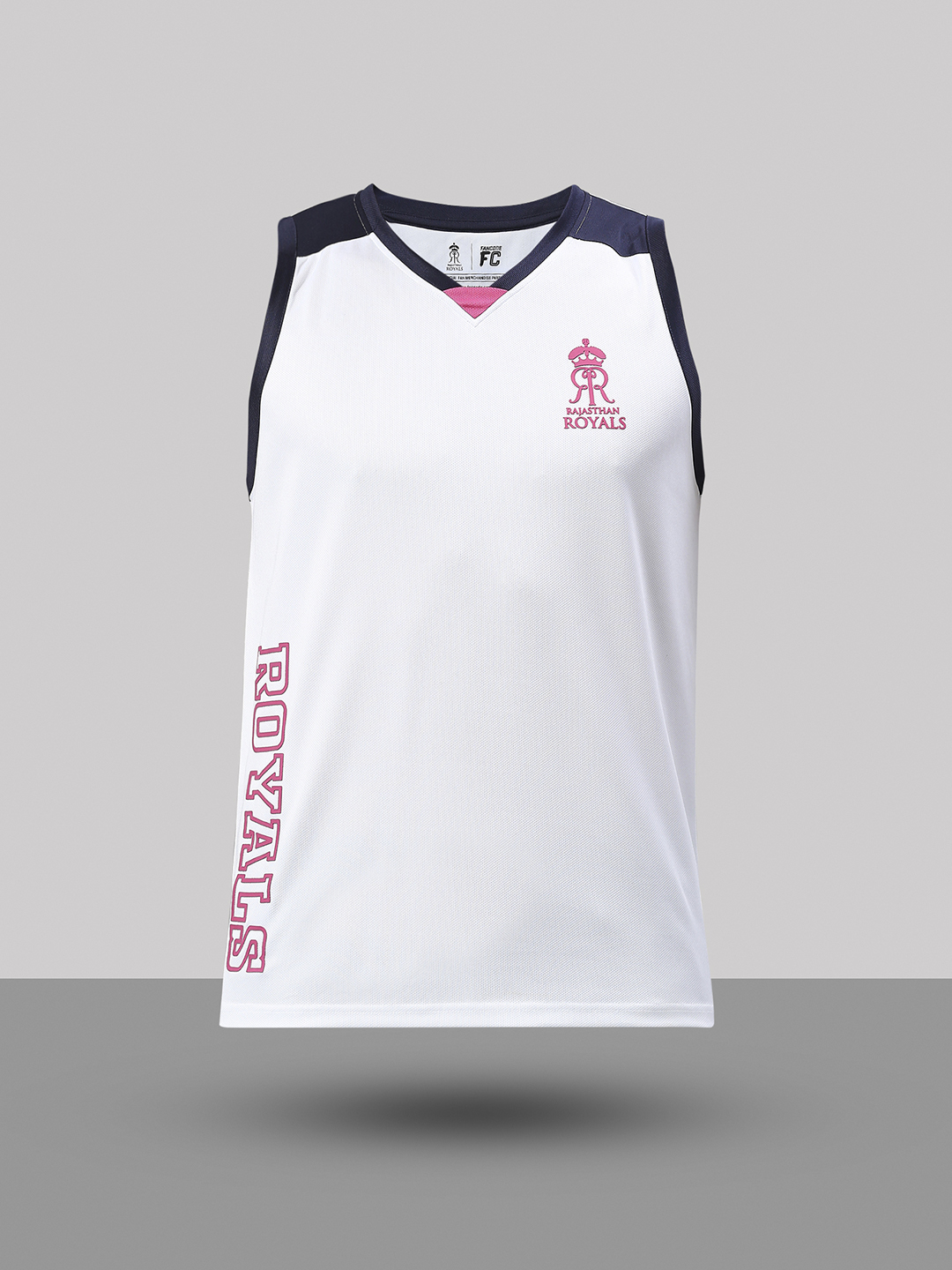 Rajasthan Royals Men White Printed V-Neck Sleeveless Polyester Sports Vest (2)