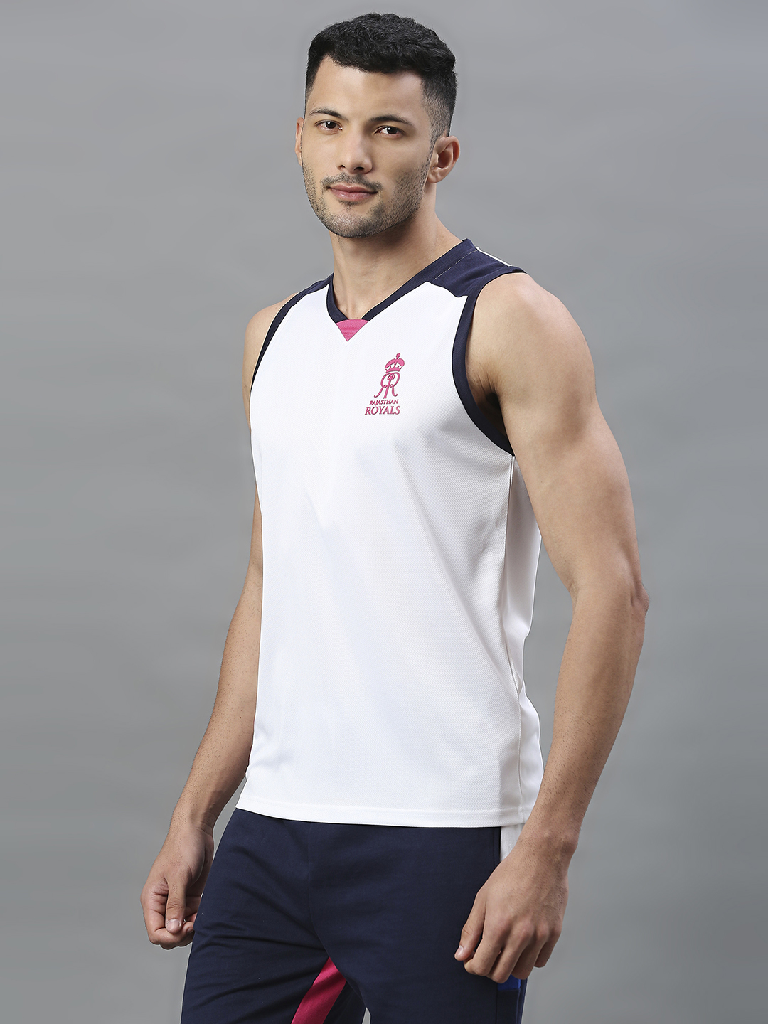 Rajasthan Royals Men White Printed V-Neck Sleeveless Polyester Sports Vest (4)