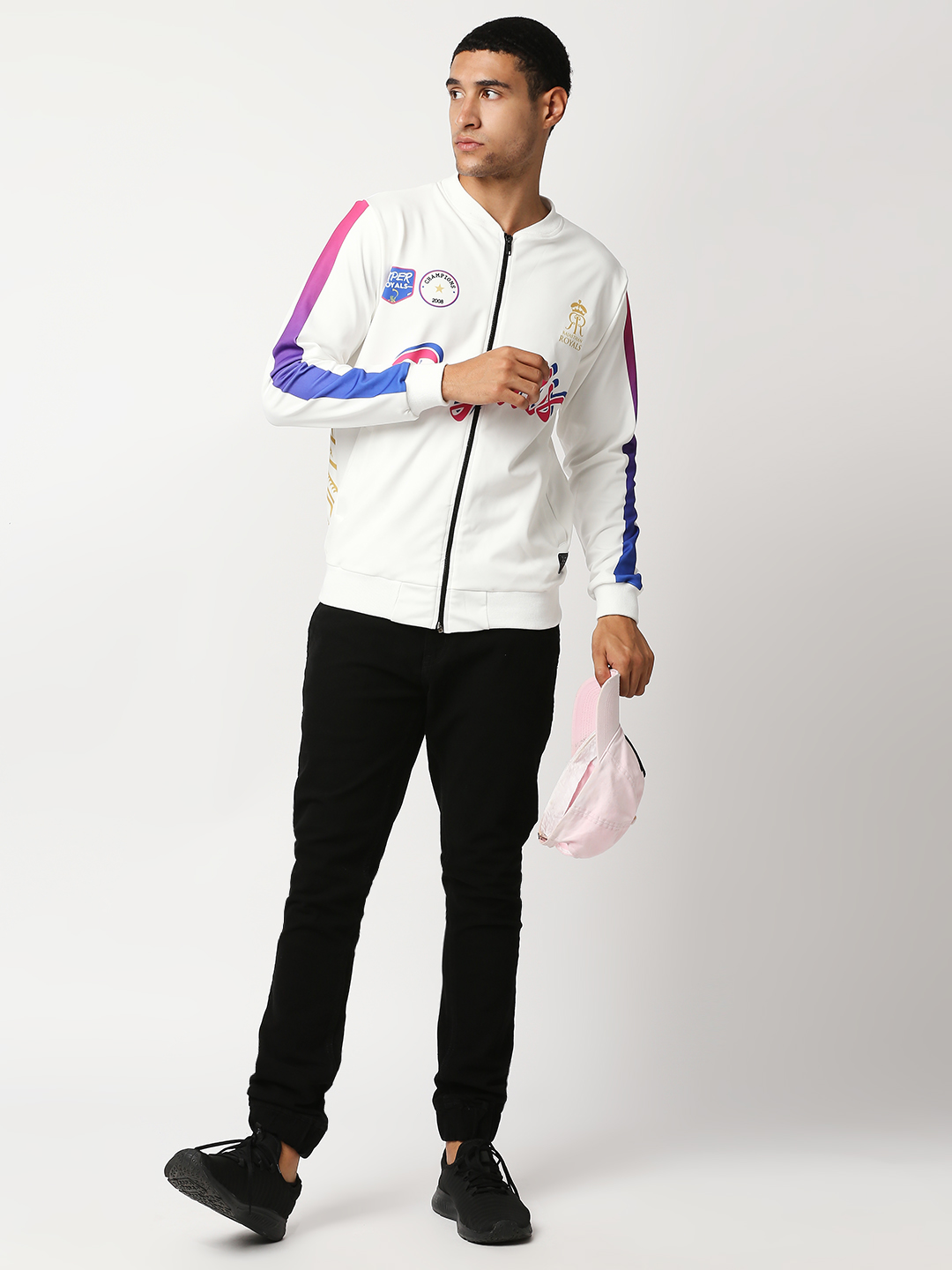 Rajasthan Royals Men White Typography Printed Full Sleeves V-Neck Polyester Athletic Bomber Jacket (4)