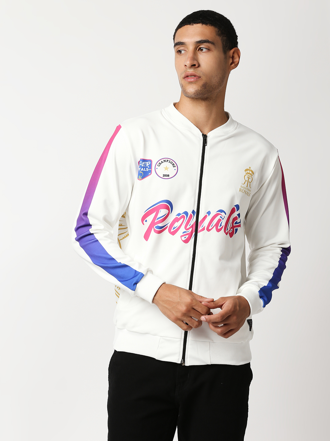 Rajasthan Royals Men White Typography Printed Full Sleeves V-Neck Polyester Athletic Bomber Jacket (1)
