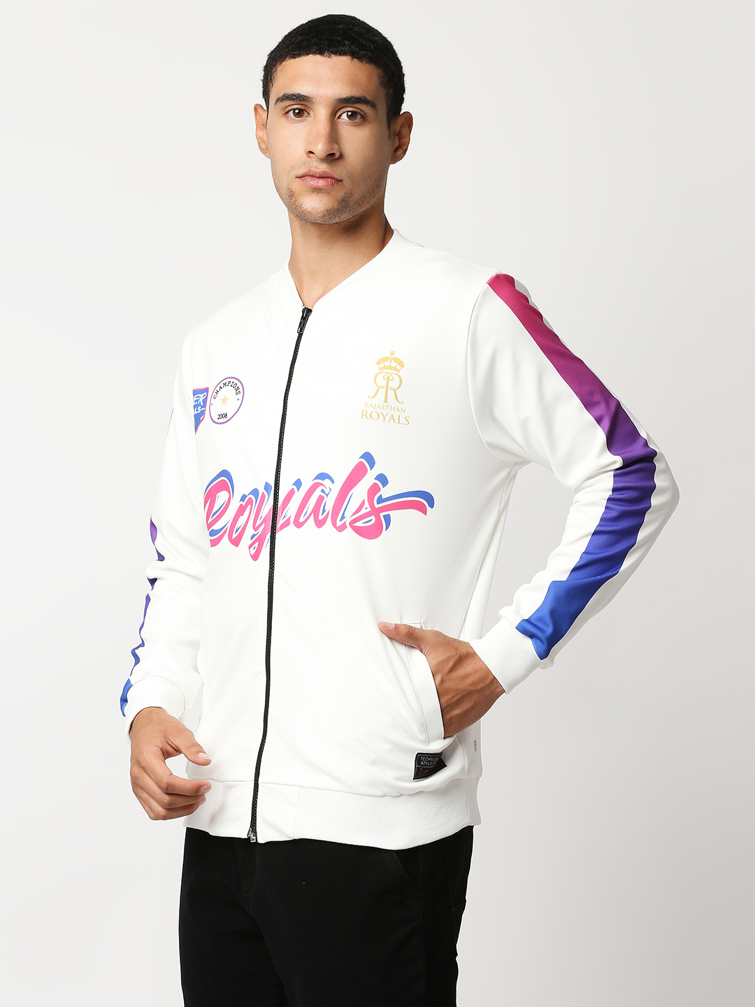 Rajasthan Royals Men White Typography Printed Full Sleeves V-Neck Polyester Athletic Bomber Jacket (2)