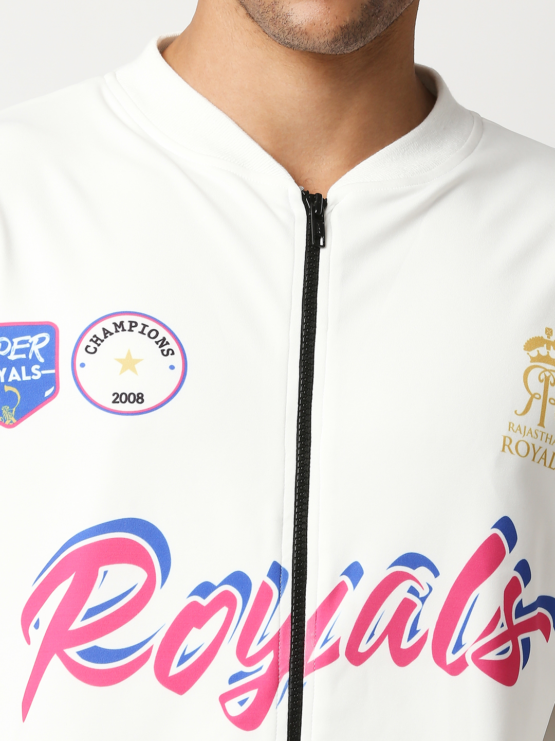 Rajasthan Royals Men White Typography Printed Full Sleeves V-Neck Polyester Athletic Bomber Jacket (5)