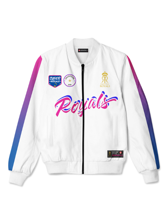 Rajasthan Royals Men White Typography Printed Full Sleeves V-Neck Polyester Athletic Bomber Jacket (6)