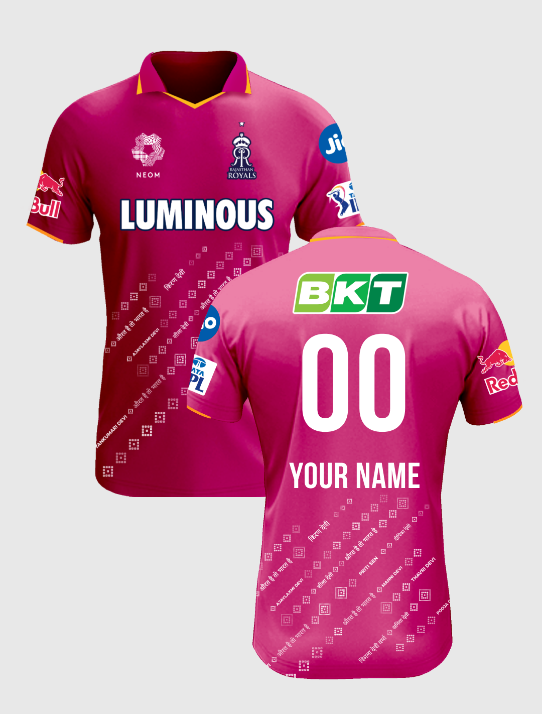 Men's Pink & White Printed with Rajasthani Motifs and Shield-Inspired Official Replica #PinkPromise Jersey: Customised W