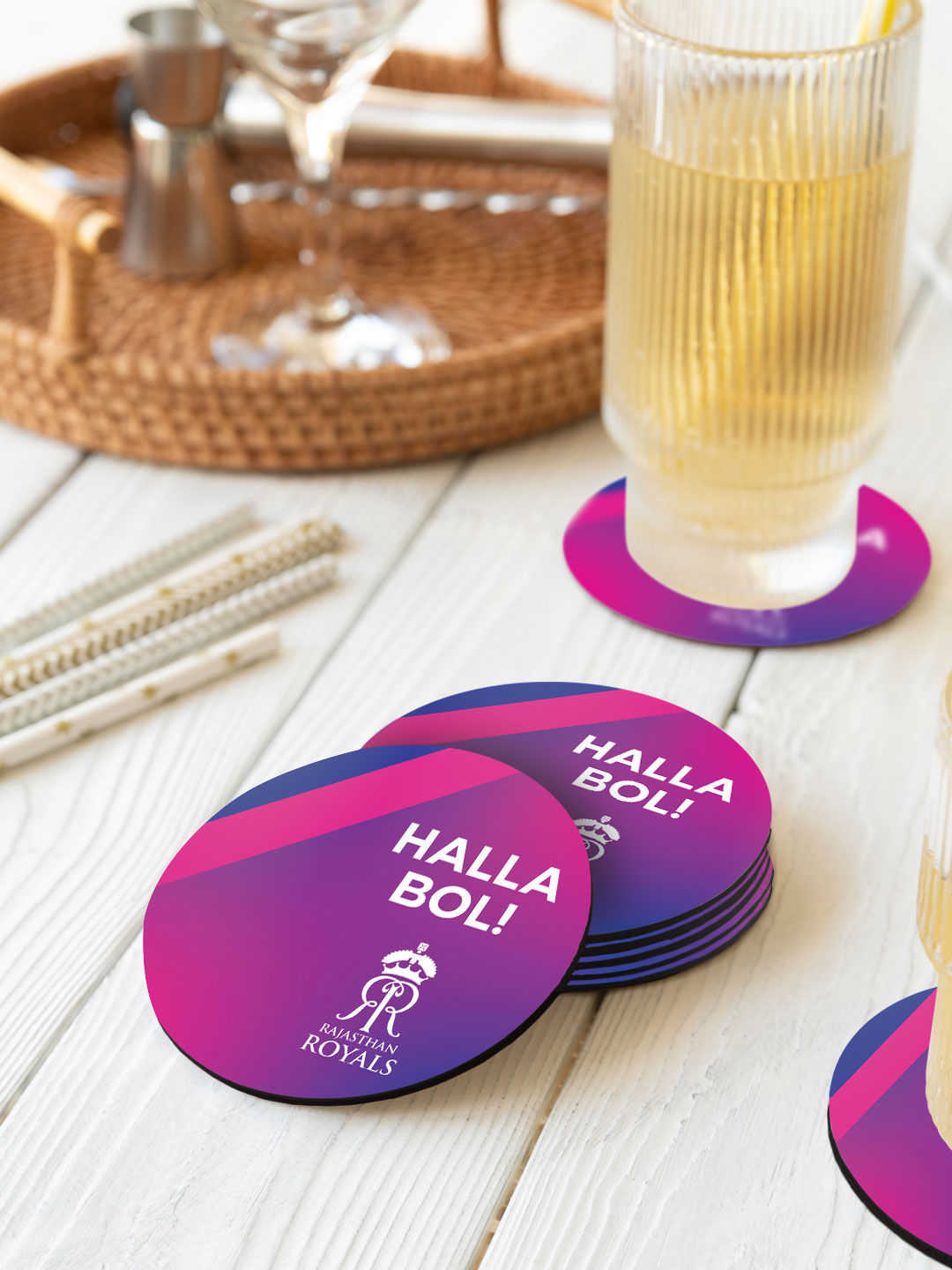 Rajasthan Royals Pink Halla Bol Printed Circular Rubber Coasters - Set of 4 (5)