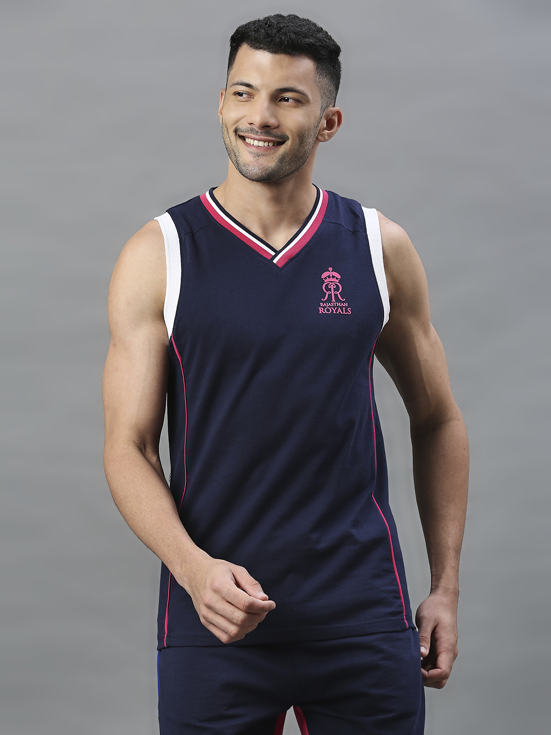 Rajasthan Royals RR Official Men Navy Blue Printed V-Neck Vests (1)