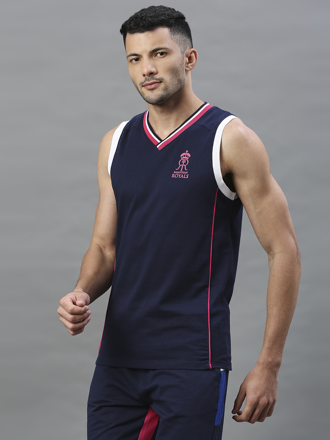 Rajasthan Royals RR Official Men Navy Blue Printed V-Neck Vests (4)