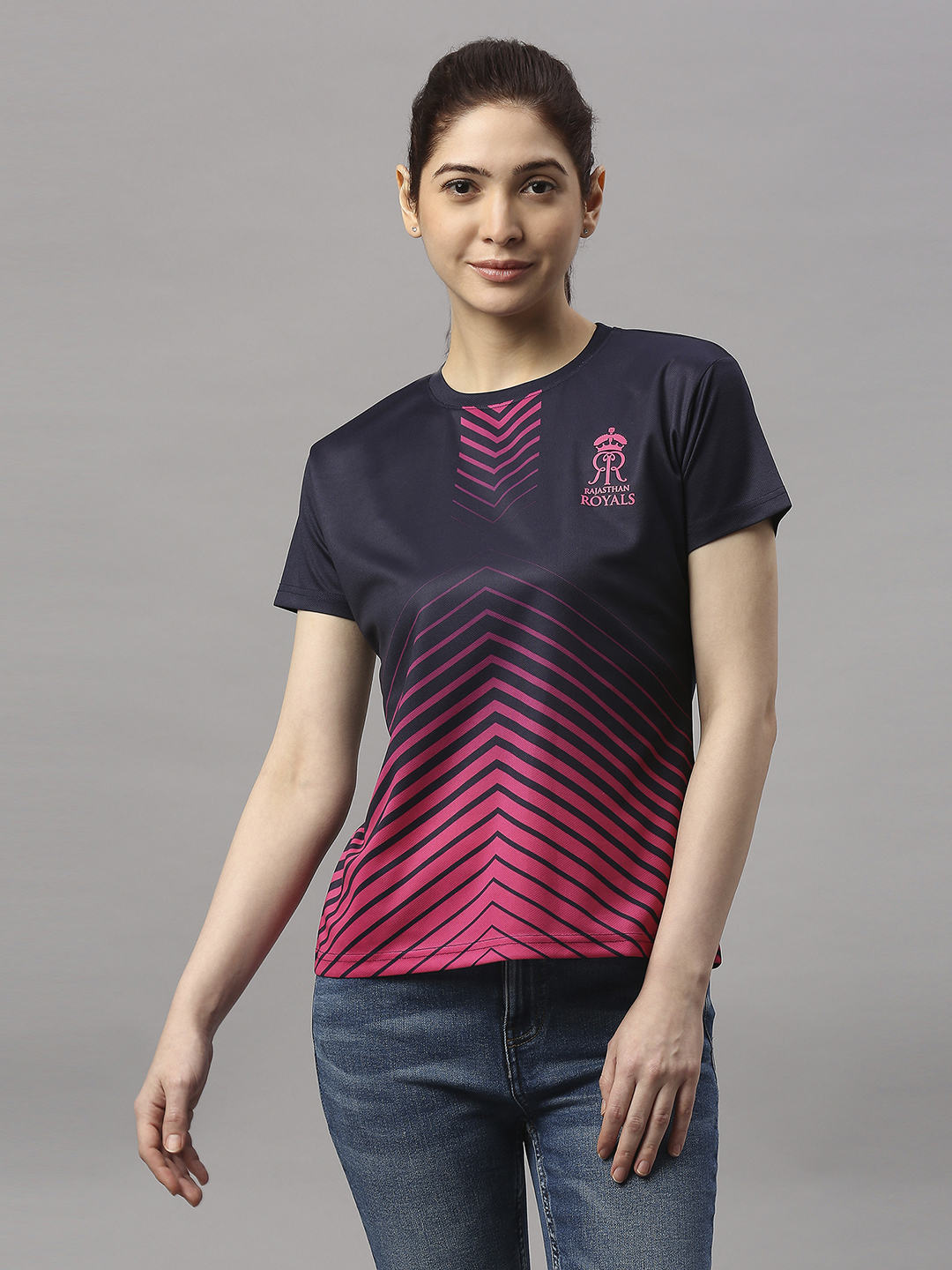 Rajasthan Royals RR Official Women Navy Blue Printed Round Neck T-Shirts (1)