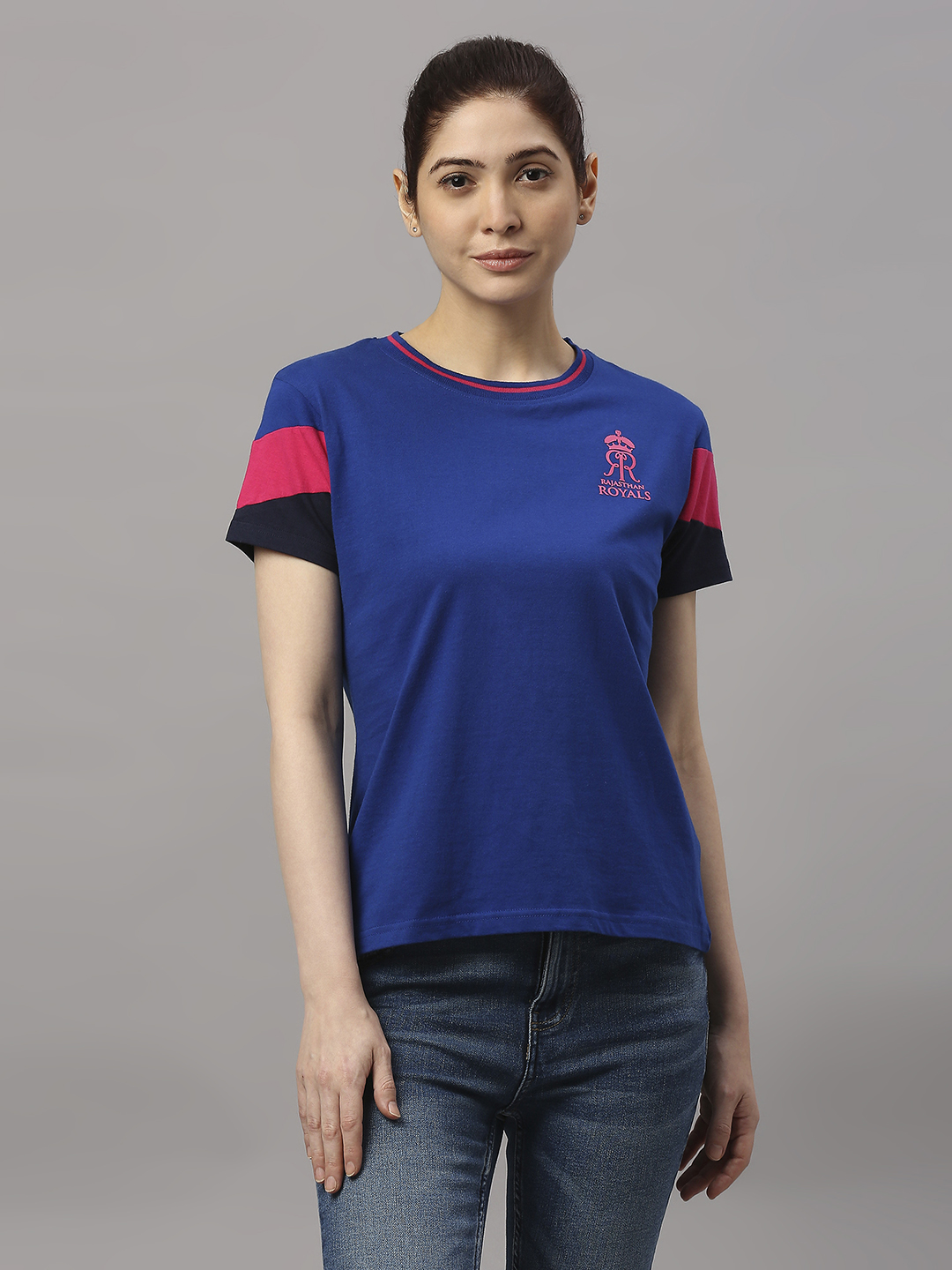 Rajasthan Royals Women Blue Solid Half Sleeves Round Neck Cotton T-Shirt (1)