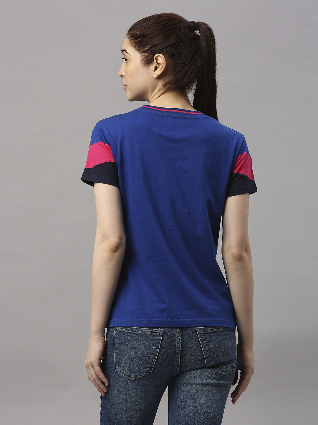 Rajasthan Royals Women Blue Solid Half Sleeves Round Neck Cotton T-Shirt (2)