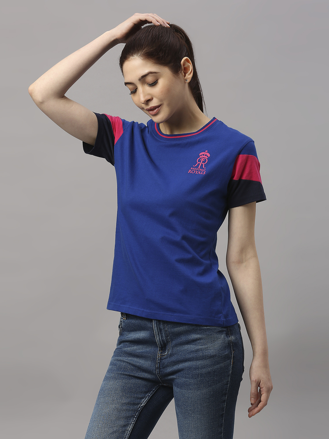 Rajasthan Royals Women Blue Solid Half Sleeves Round Neck Cotton T-Shirt (3)