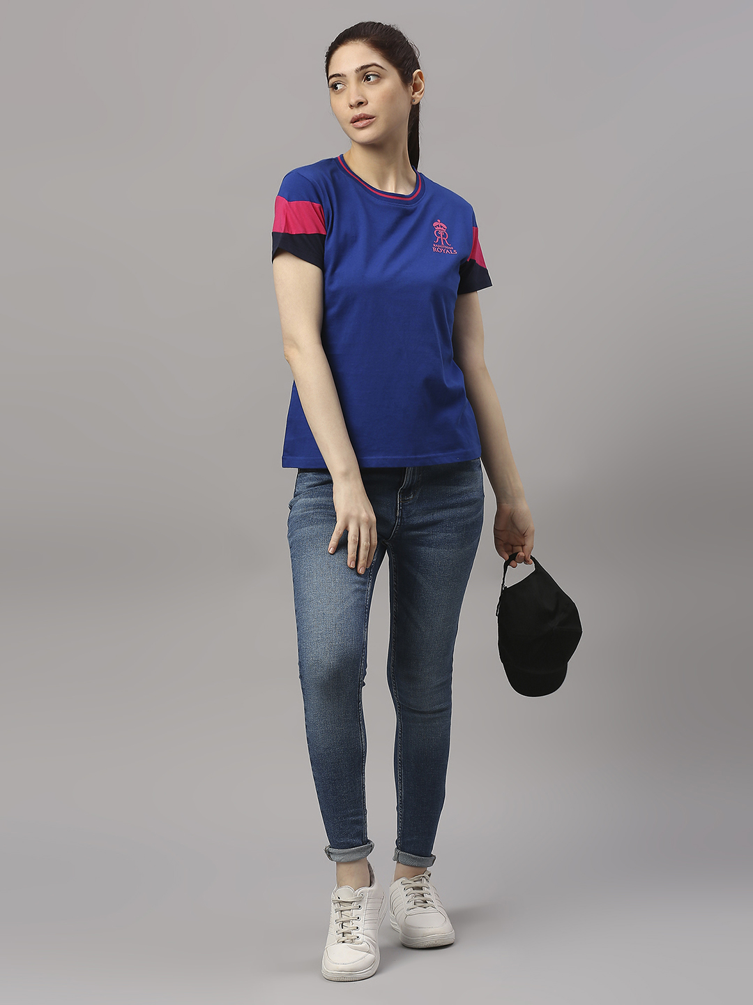 Rajasthan Royals Women Blue Solid Half Sleeves Round Neck Cotton T-Shirt (4)