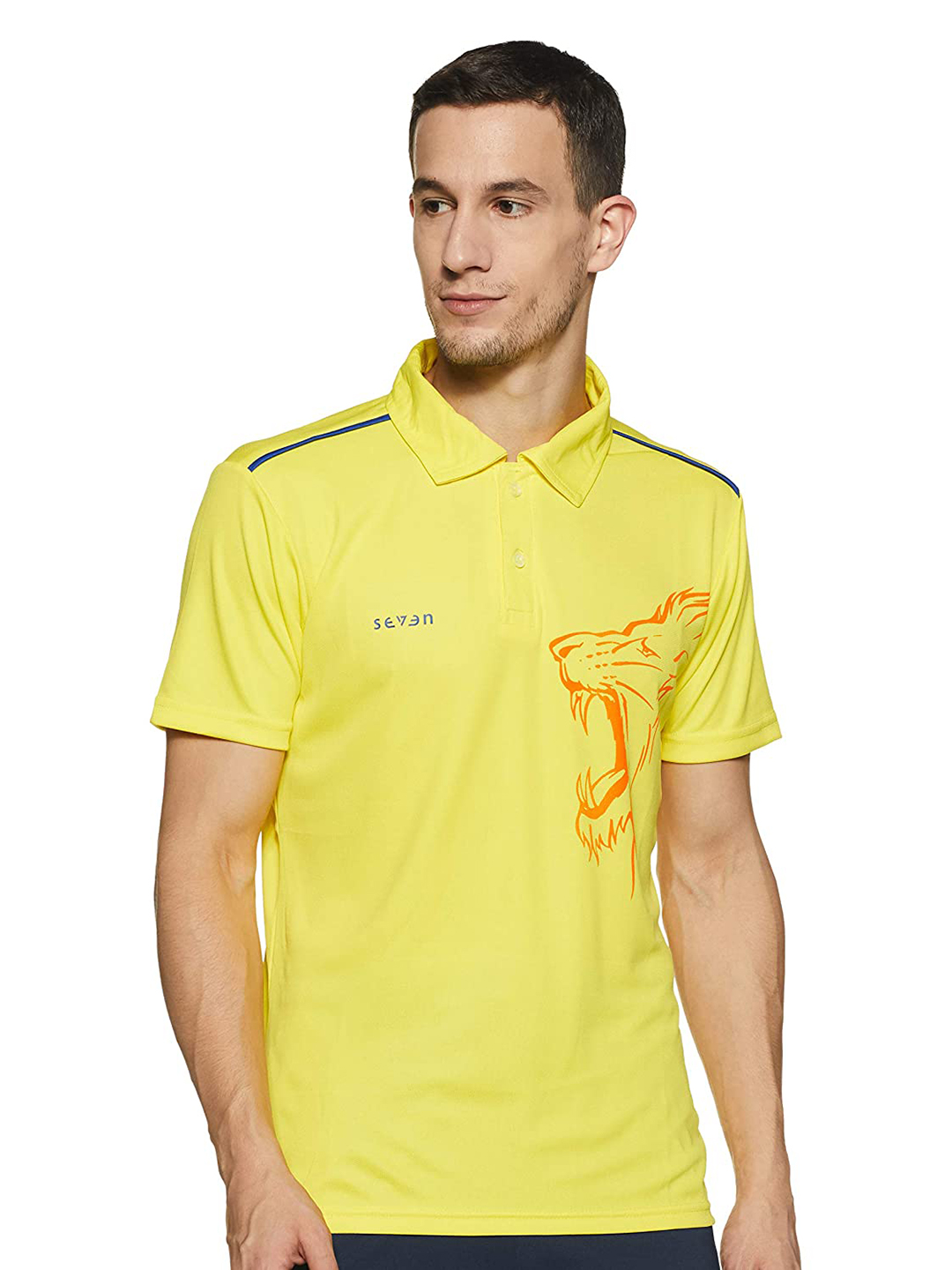 Seven by MS Dhoni Men Yellow Graphic Printed Half Sleeves Polo Collar T-Shirt (1)
