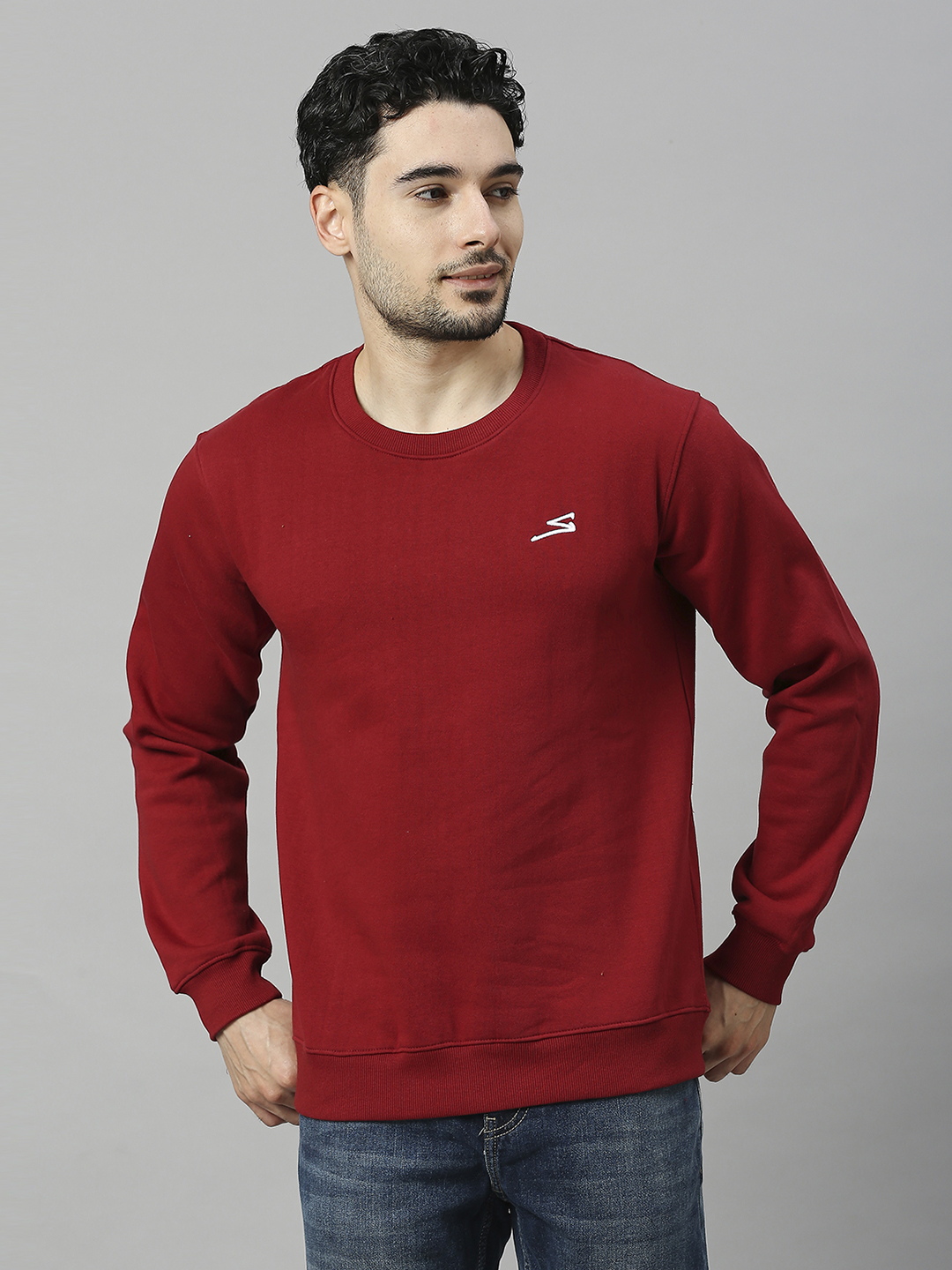 SG Men Burgandy Solid Long Sleeves Round Neck Sweatshirts