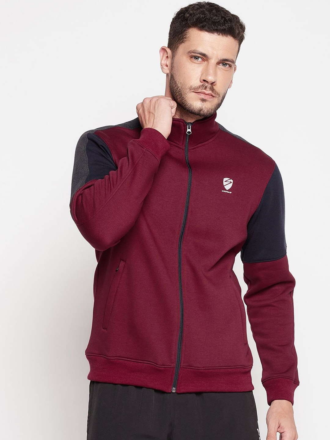 Men Dark Cherry Solid Long Sleeves Round Neck Jackets