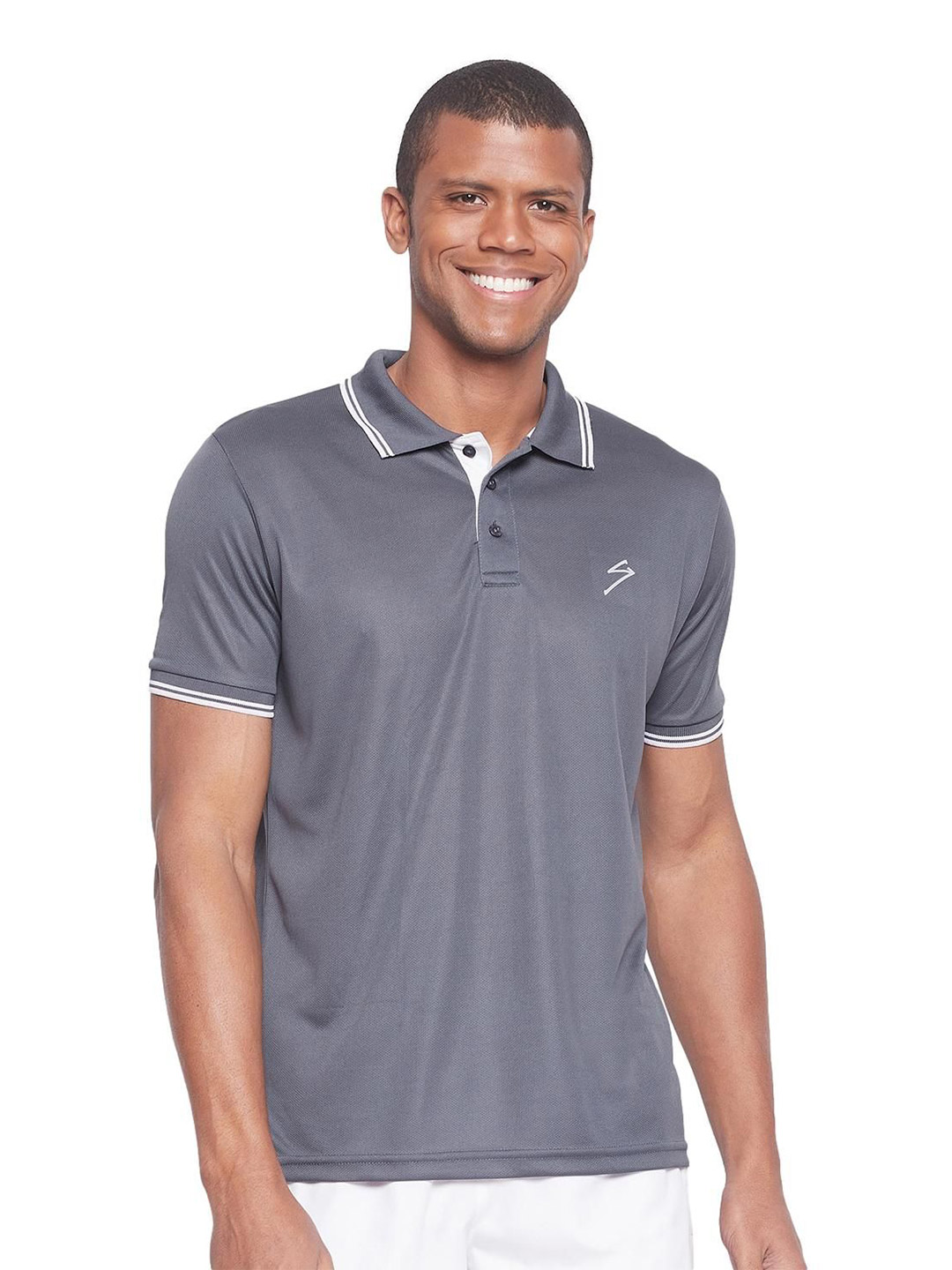 Men Dark Grey Solid Short Sleeves Polo Collar T-Shirts