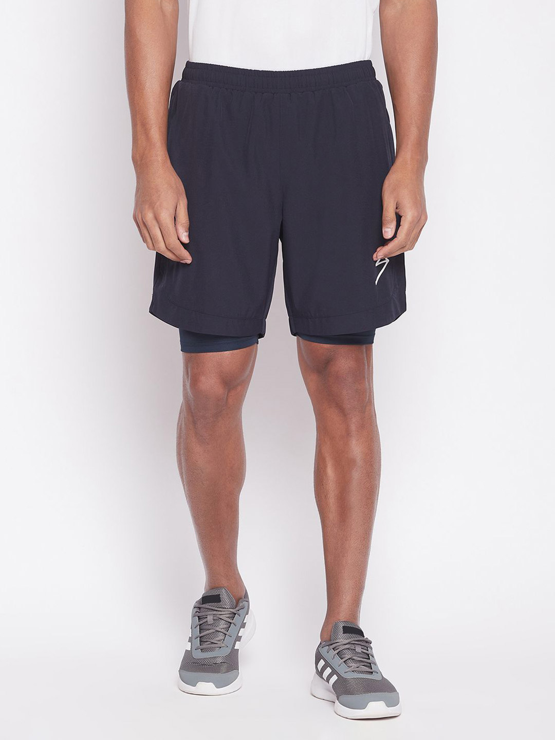 Men Navy Blue Printed Polyester Regular Fit Sports Shorts