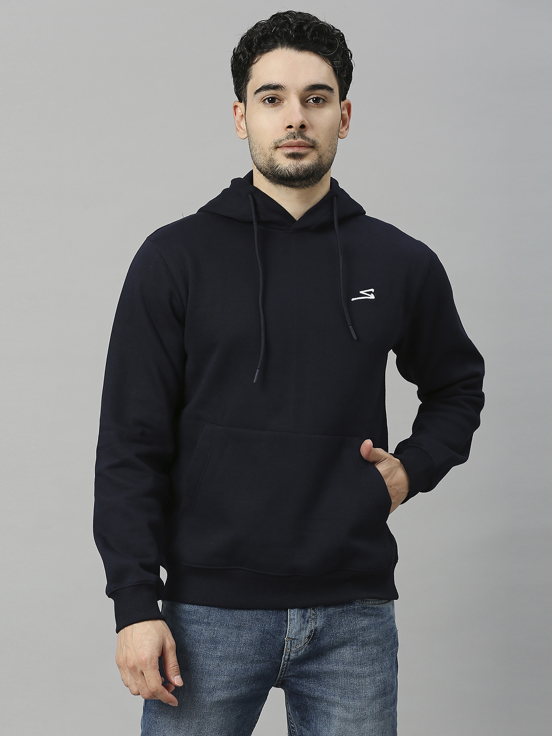 SG Men Navy Blue Solid Long Sleeves Hooded Sweatshirts