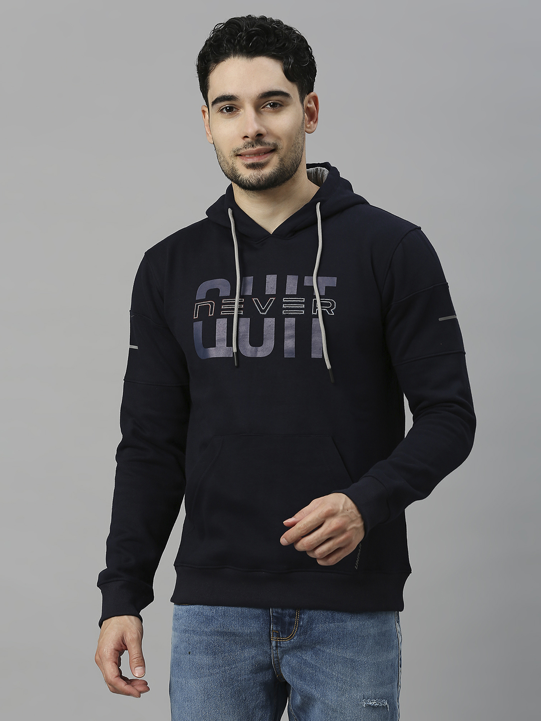 SG Men Navy Blue Solid Long Sleeves Hooded Sweatshirts (1)