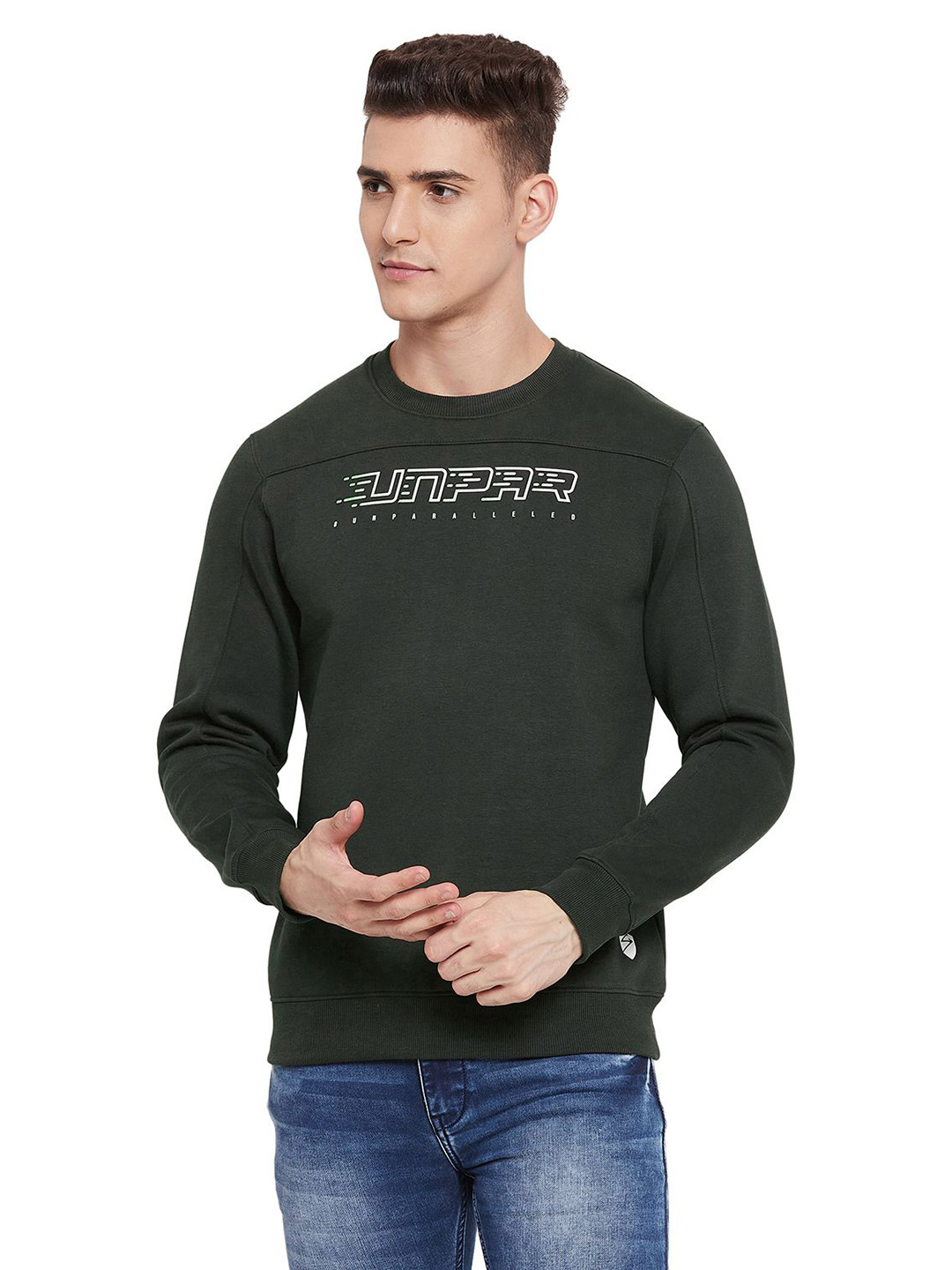 SG Men Olive Solid Long Sleeves Round Neck Sweatshirts