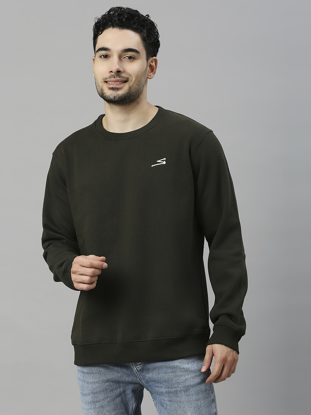 SG Men Olive Solid Long Sleeves Round Neck Sweatshirts (1)