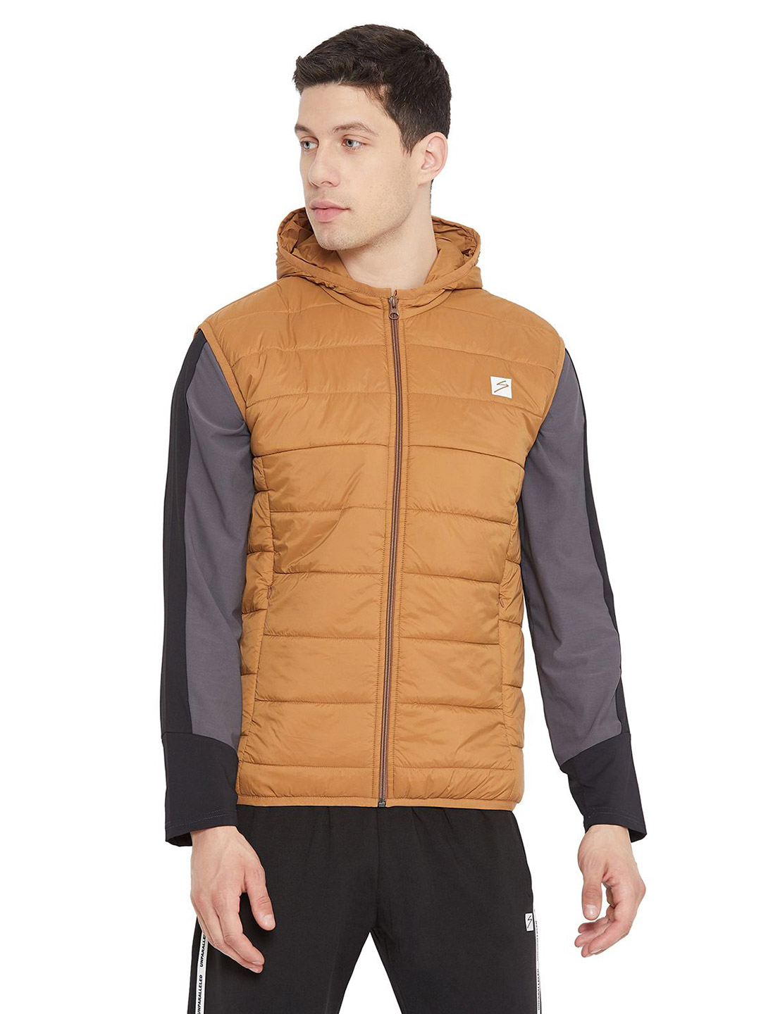 SG Men Tan Solid Sleeveless Front-Open Hooded Quilted Jacket (1)