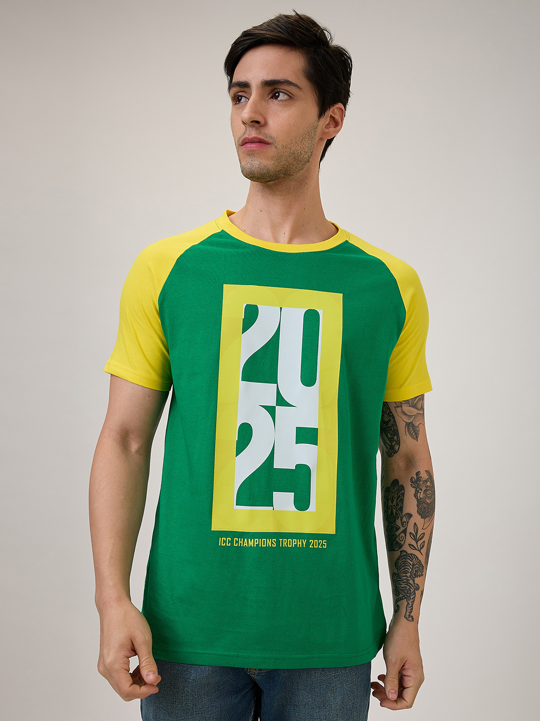 South Africa ICC Champions Trophy 2025 Men Green and Yellow Colorblocked Typography Half Sleeves Round Neck Cotton T-Shi (4)
