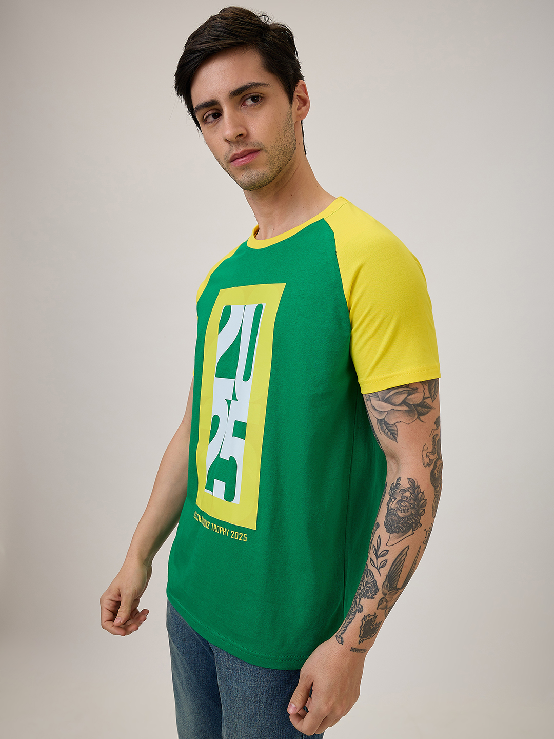 South Africa ICC Champions Trophy 2025 Men Green and Yellow Colorblocked Typography Half Sleeves Round Neck Cotton T-Shi (3)