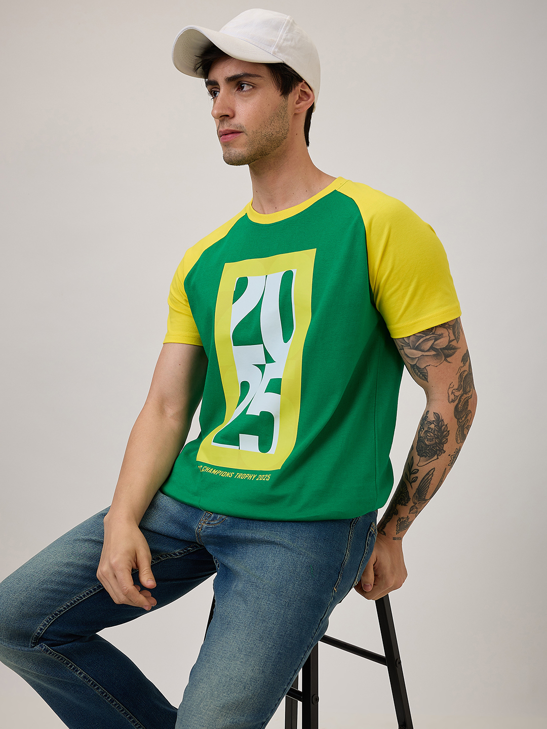 South Africa ICC Champions Trophy 2025 Men Green and Yellow Colorblocked Typography Half Sleeves Round Neck Cotton T-Shi
