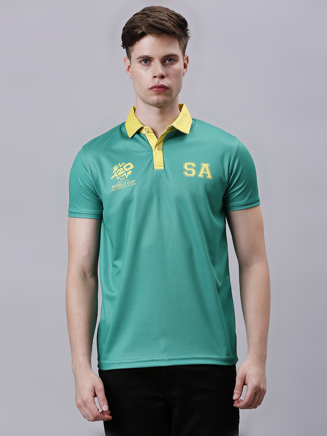 South Africa ICC Men's T20 WC-24 Green Logo Printed Half Sleeves Polo Collar Polyester T-Shirt (1)