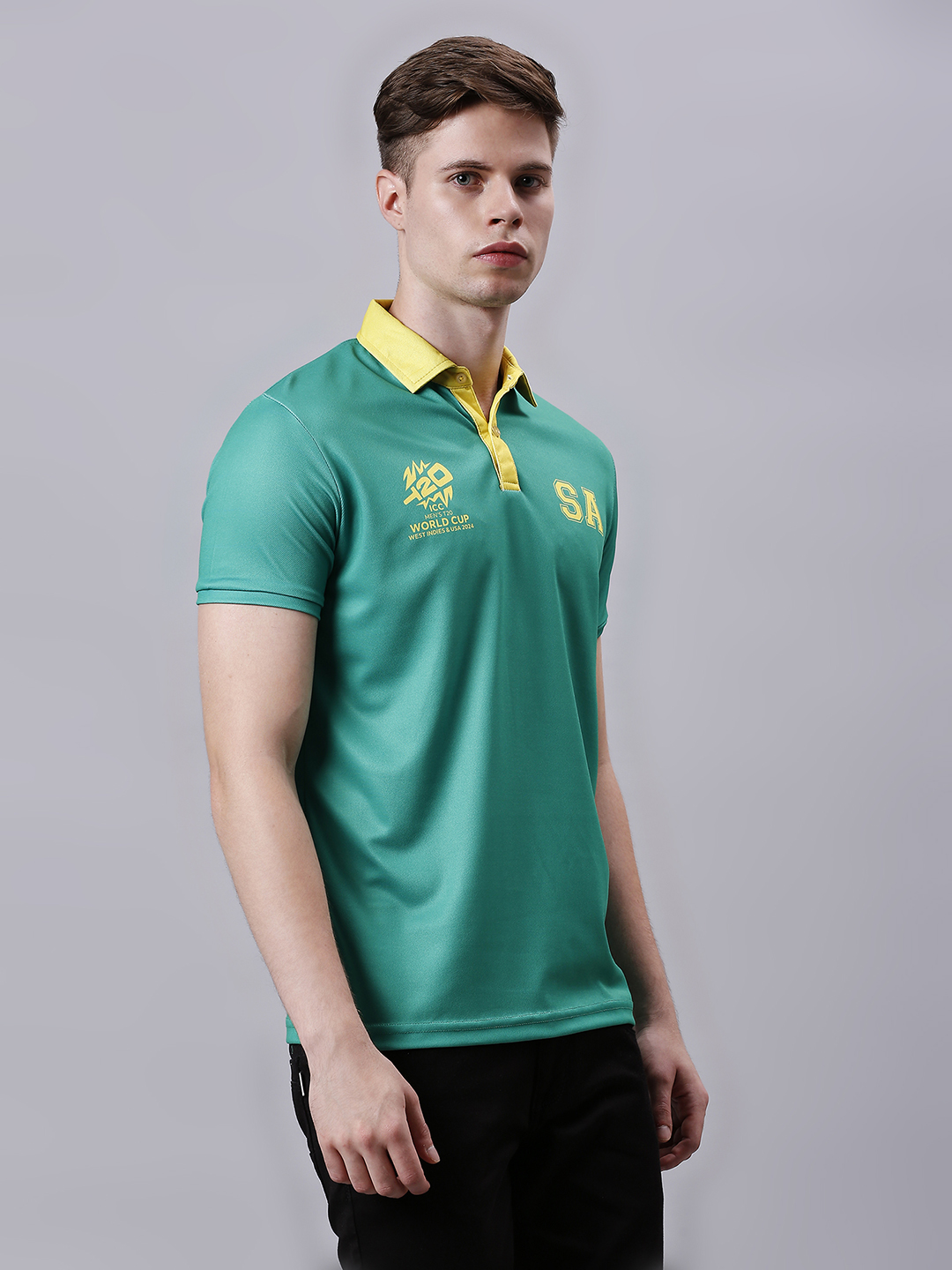 South Africa ICC Men's T20 WC-24 Green Logo Printed Half Sleeves Polo Collar Polyester T-Shirt (3)