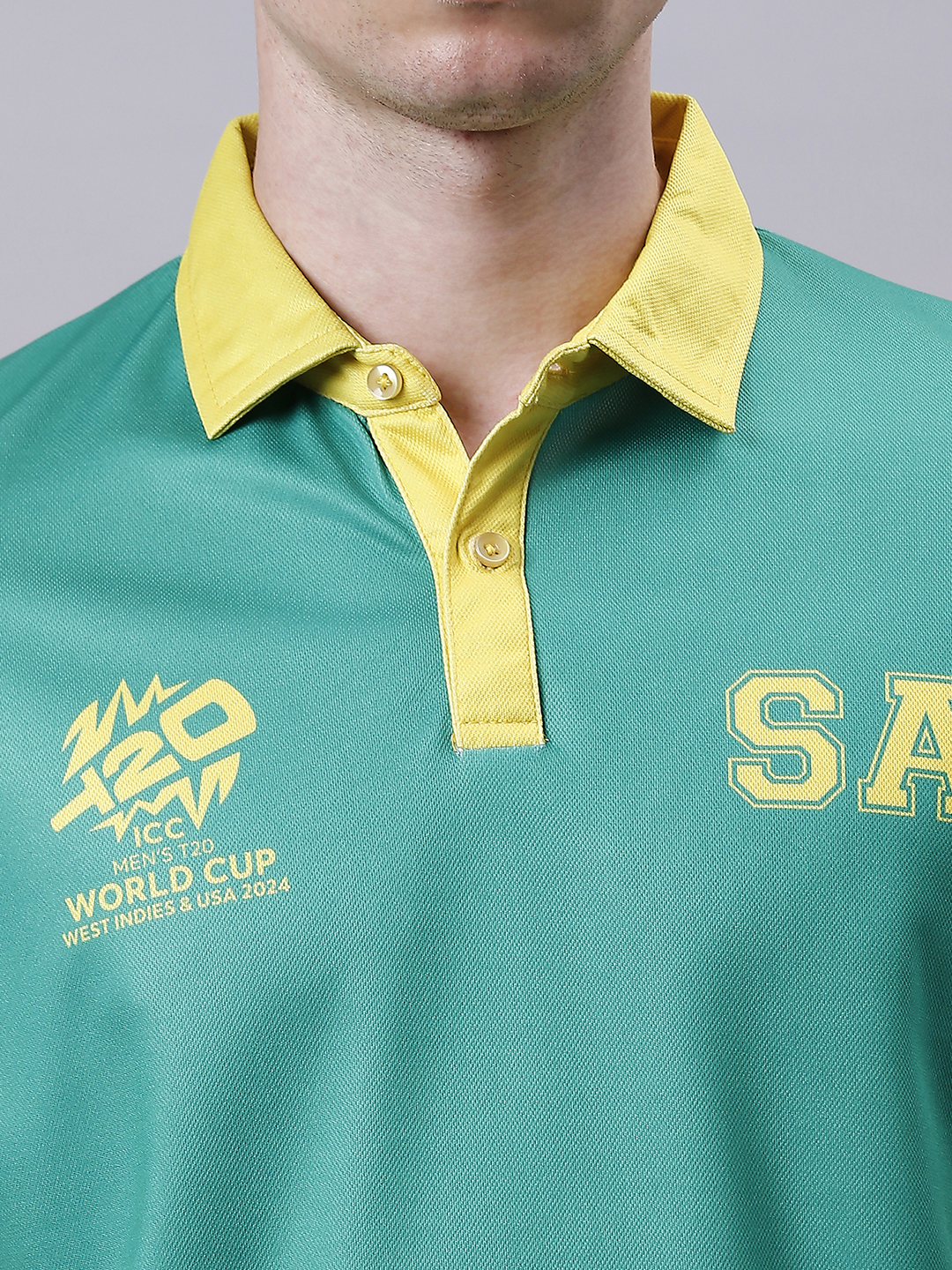 South Africa ICC Men's T20 WC-24 Green Logo Printed Half Sleeves Polo Collar Polyester T-Shirt (5)