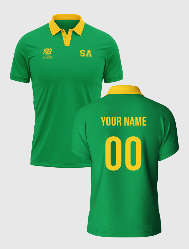 South Africa ICC Men's T20 WC-24 Green Logo Printed Half Sleeves Polo Collar Polyester T-Shirt - Customised (2)