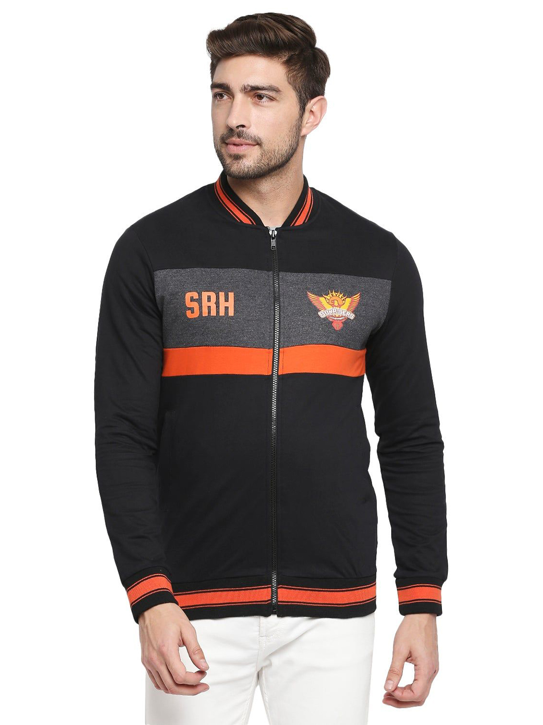 Sunrisers Hyderabad Black and Orange Colourblocked Full Sleeves Sporty Jacket (1)