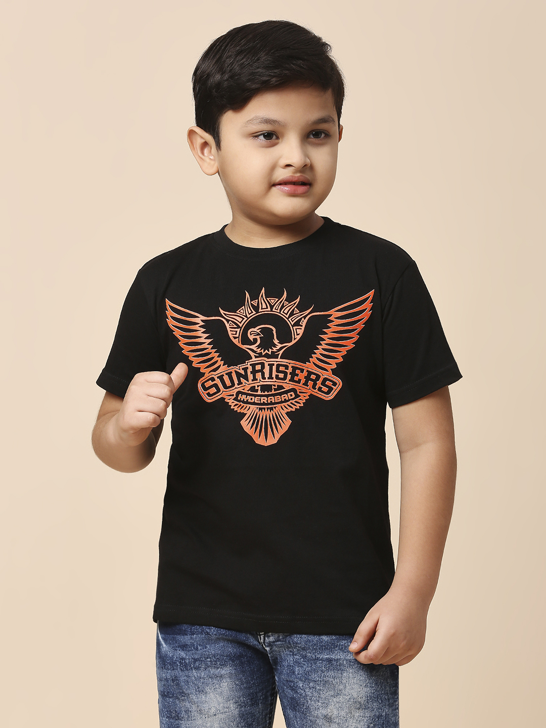 Sunrisers Hyderabad Boys Black Graphic Printed Half Sleeves Round Neck Cotton T-Shirt (1)