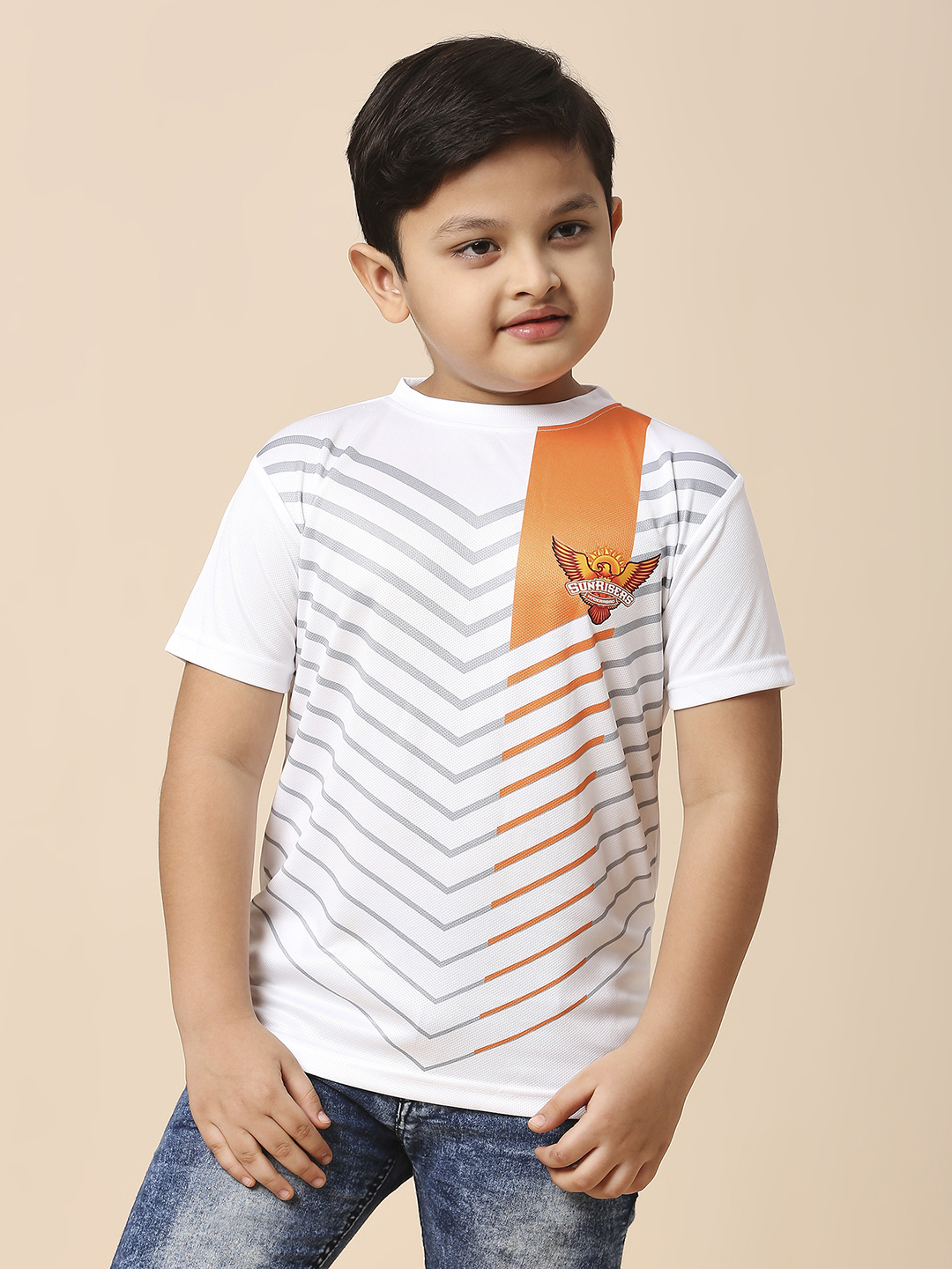 Sunrisers Hyderabad Boys White All Over Print Half Sleeves Round Neck Polyester T-Shirt (1)