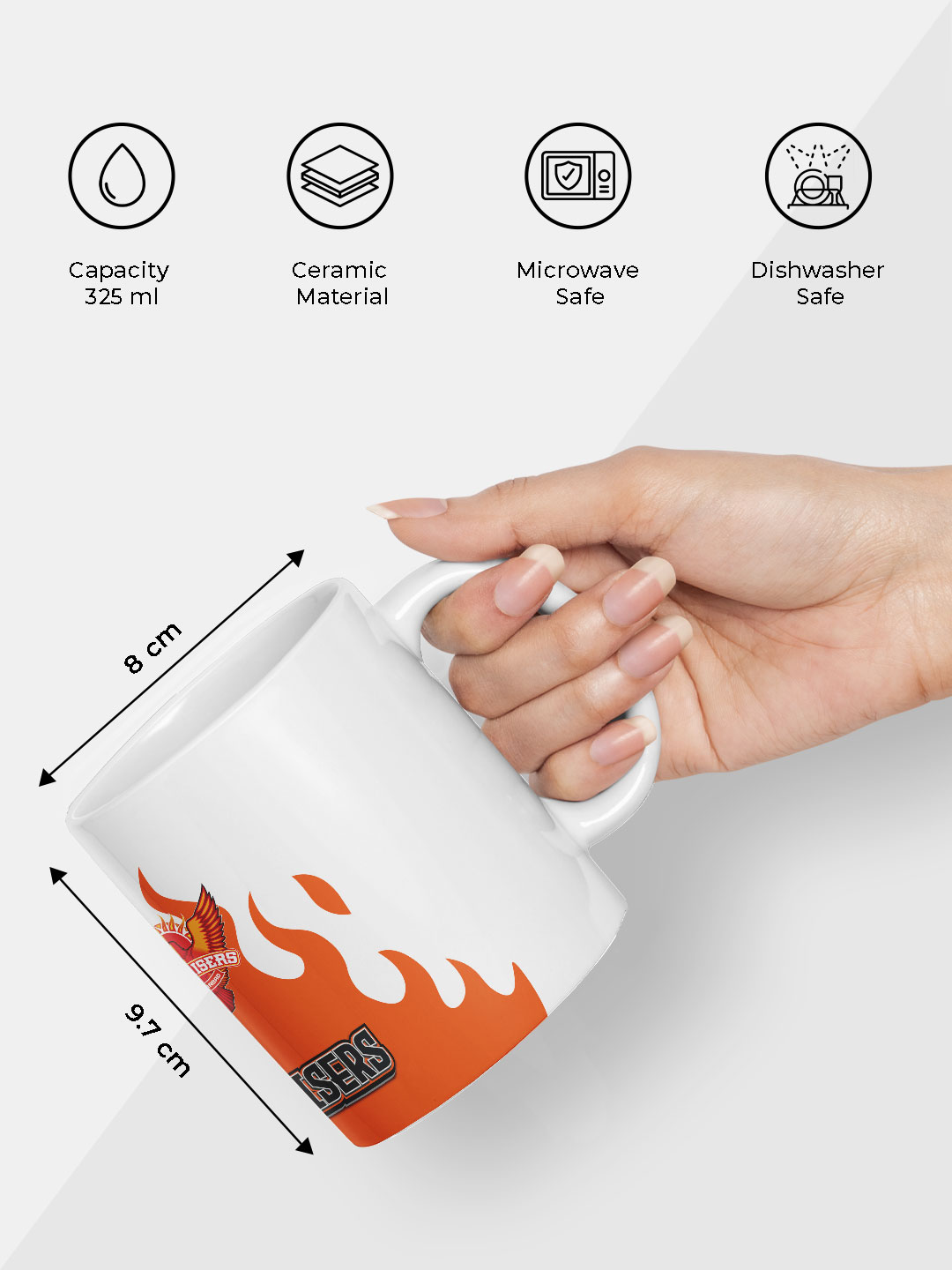 Sunrisers Hyderabad Ceramic Glossy Printed Mug, Microwave and Dishwasher Safe, Tea and Coffee Mug - 325 ml (White/Orange (7)
