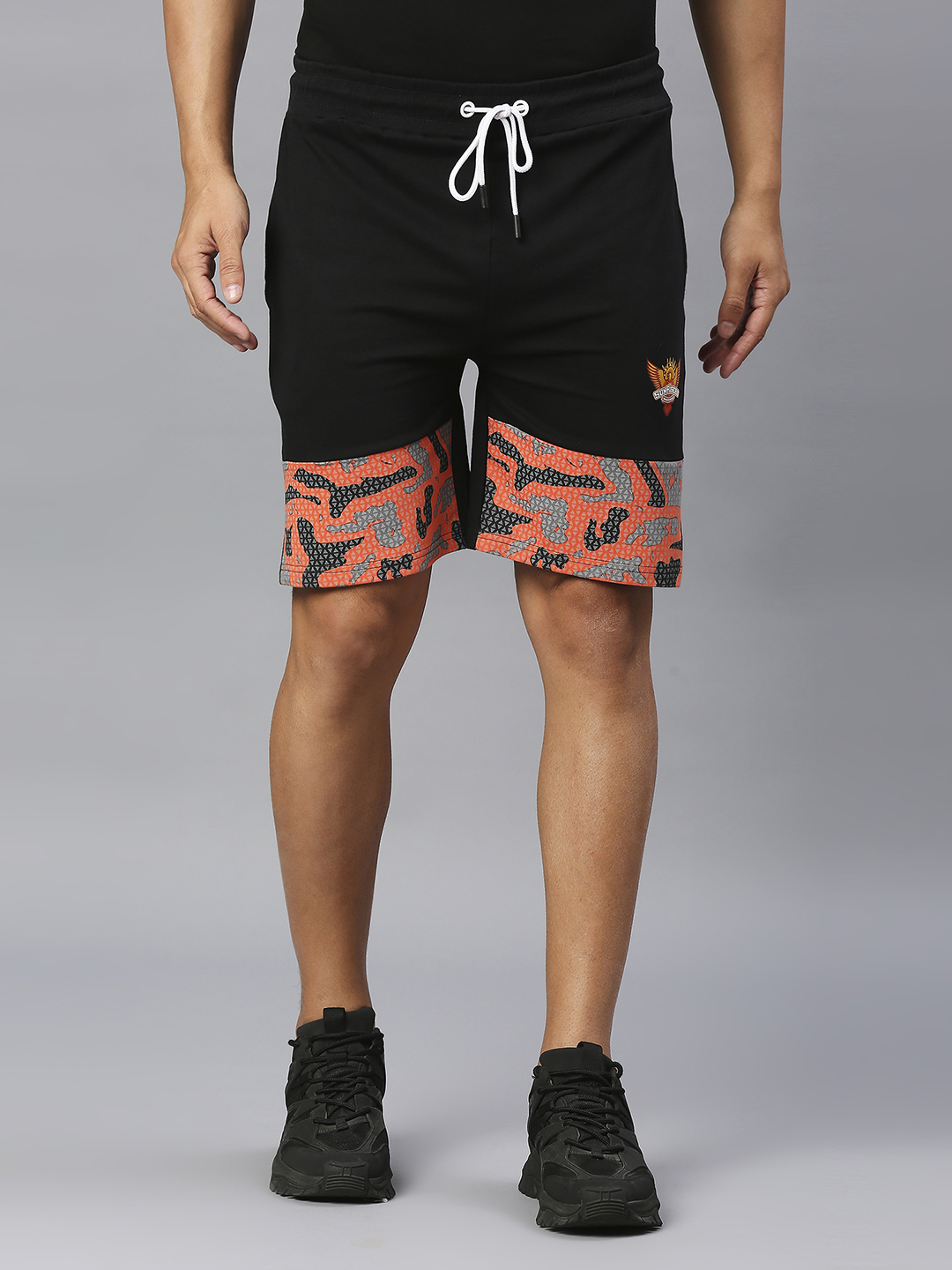 Men Black and Orange Camo Print Mid-Rise Cotton Sports Shorts