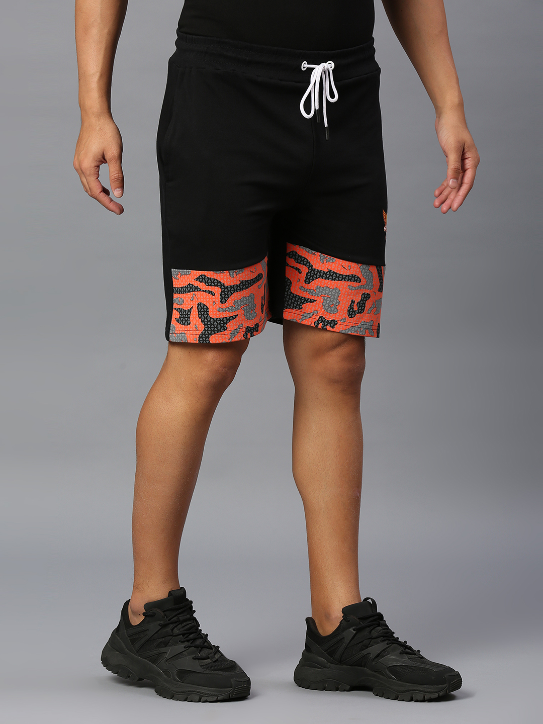Sunrisers Hyderabad Men Black and Orange Camo Print Mid-Rise Cotton Sports Shorts (3)
