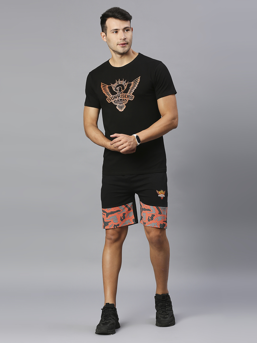 Sunrisers Hyderabad Men Black and Orange Camo Print Mid-Rise Cotton Sports Shorts (4)