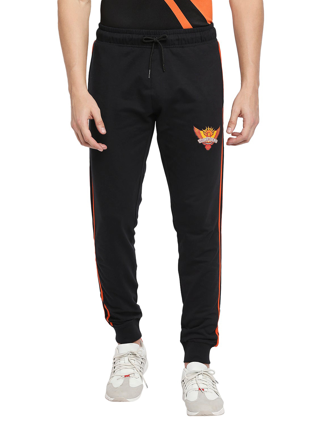 Sunrisers Hyderabad Men Black and Orange Logo Printed Mid-Rise Cotton Training Regular Fit Joggers (1)
