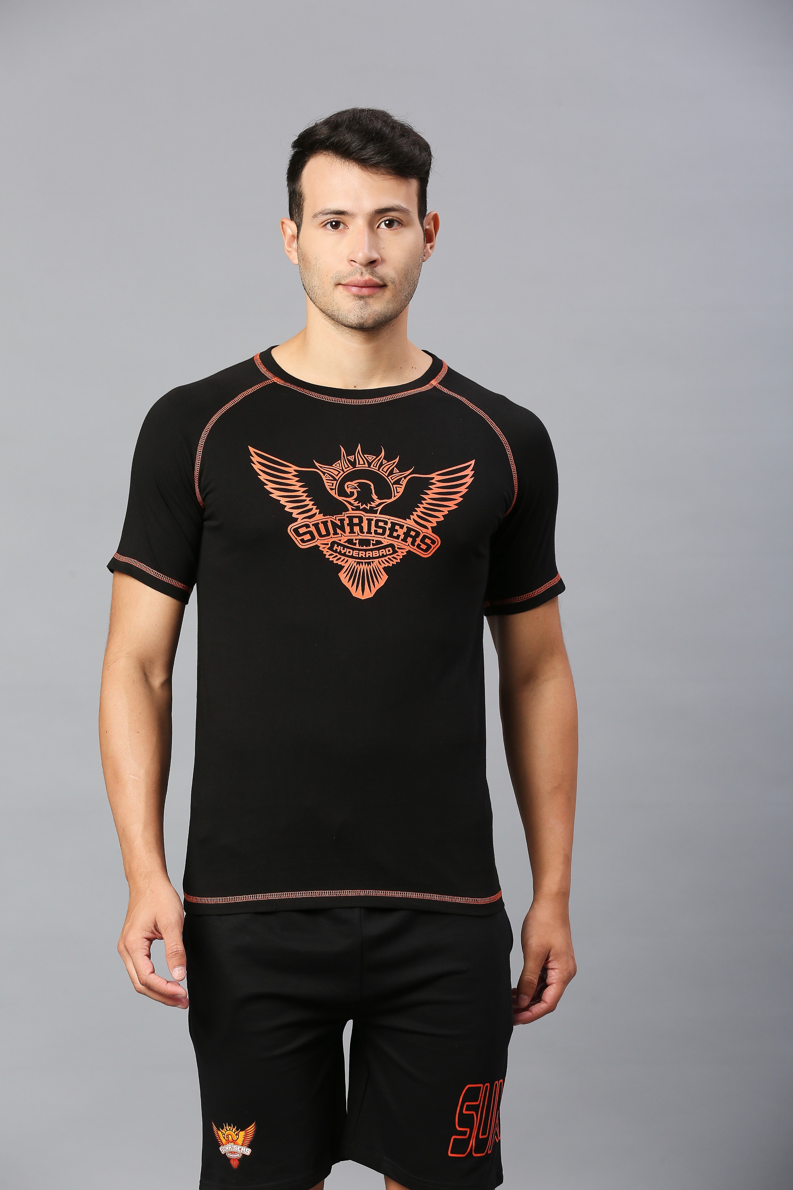 Sunrisers Hyderabad Men Black and Orange Printed Half Sleeves Round Neck Cotton T-Shirt