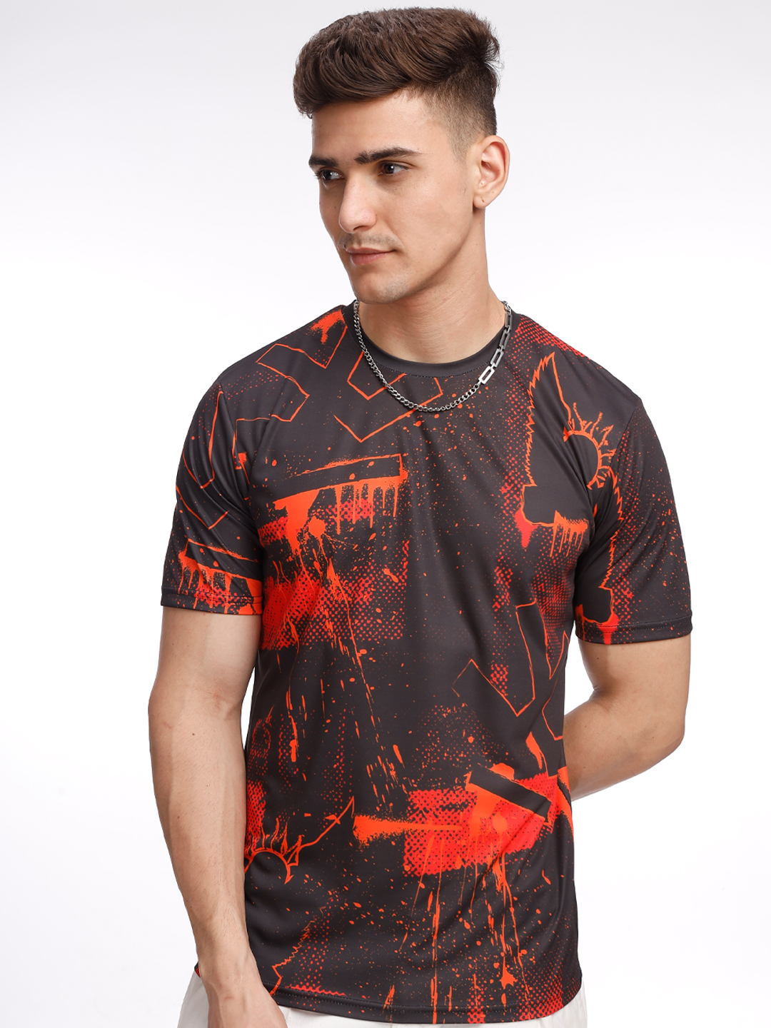 Men Black and Orange Printed Round Neck Half Sleeves Inferno Splash Polyester Fan T-Shirt