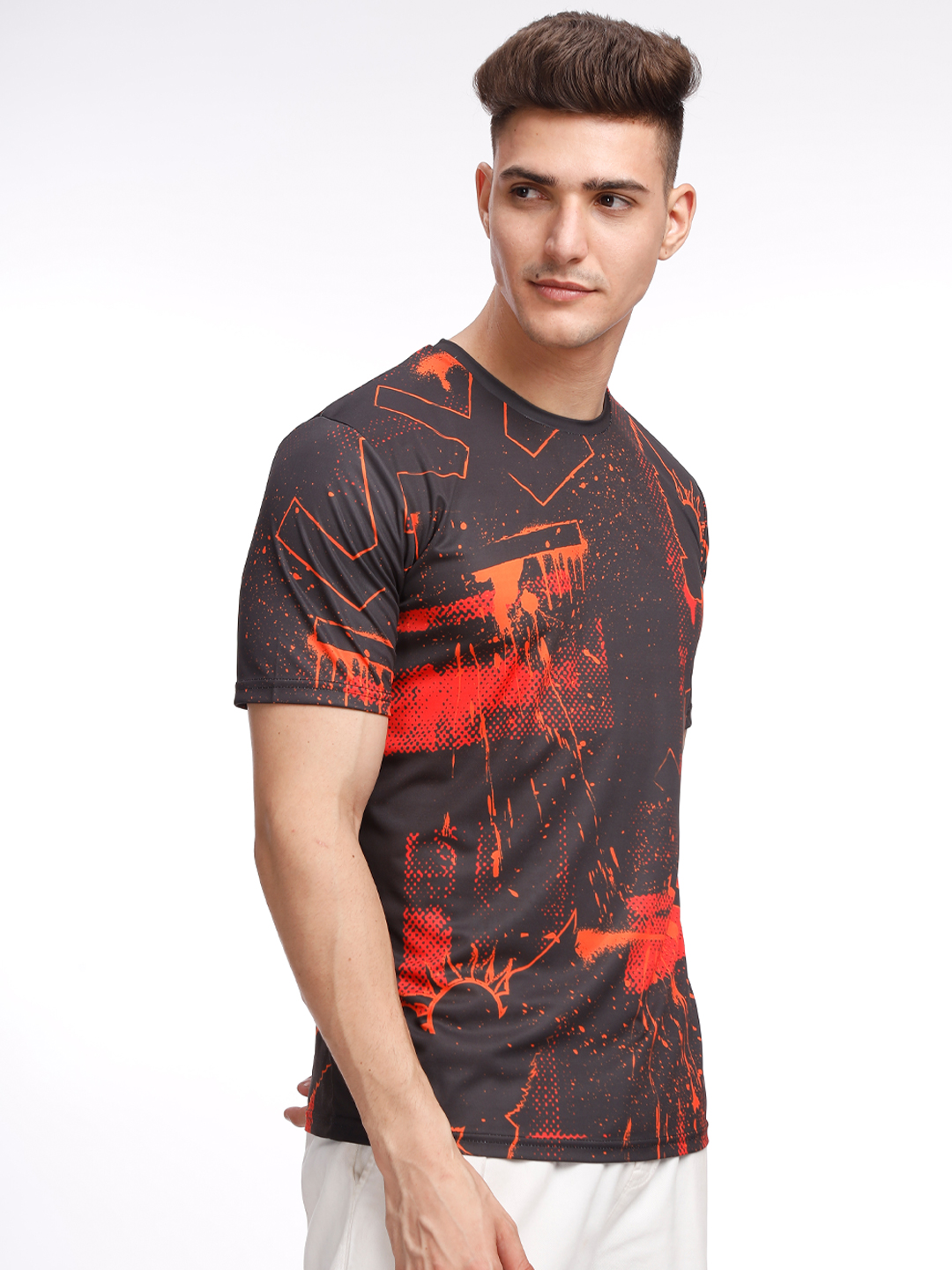 Sunrisers Hyderabad Men Black and Orange Printed Round Neck Half Sleeves Inferno Splash Polyester Fan T-Shirt (2)