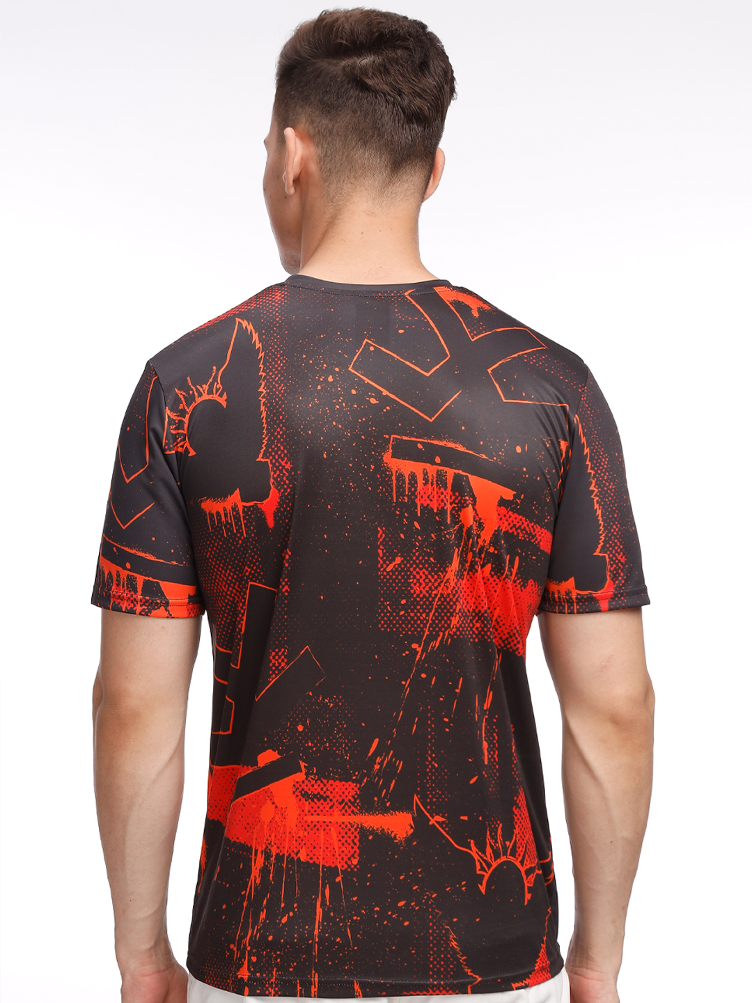 Sunrisers Hyderabad Men Black and Orange Printed Round Neck Half Sleeves Inferno Splash Polyester Fan T-Shirt (3)