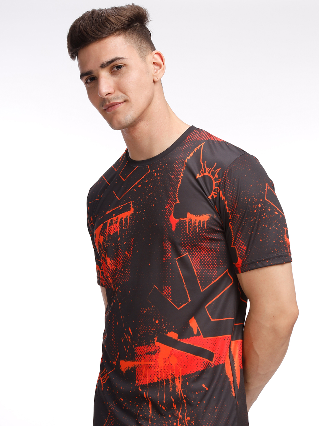 Sunrisers Hyderabad Men Black and Orange Printed Round Neck Half Sleeves Inferno Splash Polyester Fan T-Shirt (4)